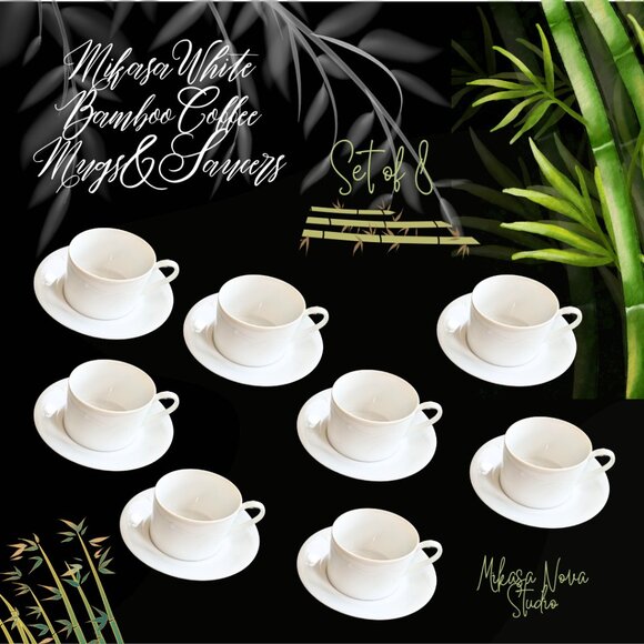 Mikasa Studio Nova Bamboo White Cup & Saucer Fine China M2050 Embossed, Set of 8 - Picture 1 of 5